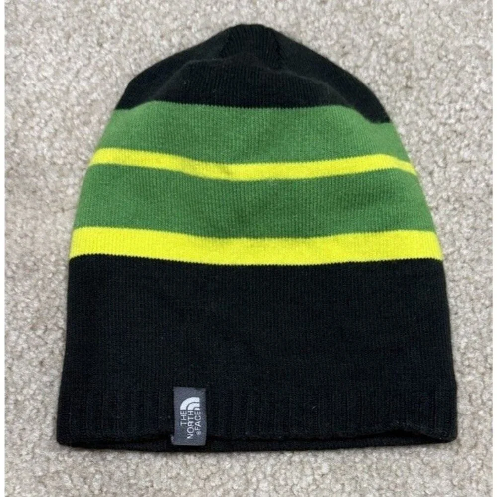 The North Face Youth Reversible Beanie Gorpcore Black Green Stripe Knit Hat Sz M